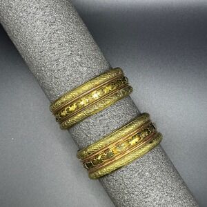 Vintage Bangle Bracelets‎ Womens 2.5 Inch Gold Copper Artisan Carved Set of 2